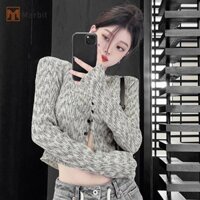 Marbit Thời Trang Nữ Dạo Phố Dài Tay Sang Trọng Xếp Ly Mỏng Ngắn Dệt Kim Cardigan Mới