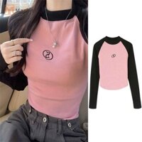 Marbit Thu Đông Nữ Chữ Thêu Cổ Tròn Raglan Áo Thun Tay Dài Hottie Slim Crop Top Mới