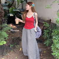 MARINE Set áo hai dây đỏ kèm quần kẻ dáng xuông phong cách vintage Hàn Quốc [ST56]