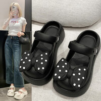 Mary Jane Hole Shoes Polka Dot Bow Sandals Bãi biển mùa hè Hai cánh Shit-Steping Giày đế dày Giày đi biển