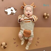 Mary set 2 Món Áo Liền Quần Tai Bò Đan Len + Mũ Tai Thỏ + Băng Đô Làm Phụ Kiện Chụp Ảnh Cho Bé Sơ Sinh