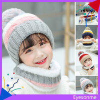 [Mắt] 2 Cái / bộ Bộ Khăn Mũ Mùa Đông Trẻ Em Sang Trọng Đan Không Vành Lông Bóng Trang Trí Màu Sắc Tương Phản Bảo Vệ Cổ Dày Chống Lạnh Bộ Khăn Bonnet Cho Bé Mặc Hàng Ngày