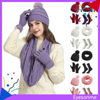 [Mắt] 4 Cái / bộ Nữ Mũ Mùa Đông Khăn Găng Tay Tất Bộ Dày Sang Trọng Dệt Kim Mũ Ấm Áp Găng Tay Màn Hình Cảm Ứng Bảo Vệ Tai Co Giãn Chống Gió Mùa Đông Ngoài Trời Đi Xe Đạp Bộ Quấn Cổ