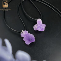 Mặt dây chuyền đá quý thô thạch anh tím với vòng cổ PU thạch anh pha lê tự nhiên