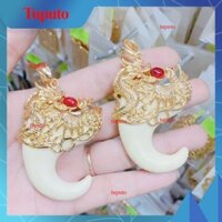 Mặt dây chuyền nanh nhân tạo bọc đầu rồng long phụng ngậm ngọc đỏ mạ vàng QC