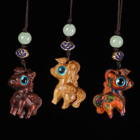 Mặt dây chuyền ngựa khắc gỗ cầu vồng tự nhiên, móc khóa DIY, dây chuyền điện thoại ngựa hoàng đạo, phụ kiện xe hơi cho nam và nữ