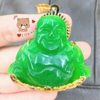 Mặt Dây Chuyền Phật Di Lặc Đá Cẩm Xanh Khung Đồng Mạ Vàng (05 cm x 05 cm) - Người Đeo May Mắn, Bình An,Thuận Lợi