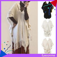 [Mắt] Khăn choàng len Cashmere giả có mũ trùm đầu có nút tua rua Phong cách dân tộc cổ điển dành cho nữ Mũi thu đông Đan Khăn choàng mũi