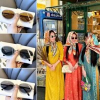 Mắt kính râm mát nữ chụp ảnh mặc áo dài Tết 2025, gọng kính oval kim loại tráng gương thời trang sang trọng