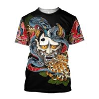 Mặt nạ Samurai Nhật Bản Hình xăm Nghệ thuật Áo giáp Áo thun nam ✷ ❈ In áo thun thời trang mùa hè Bông tai Kẹp phong cách Punk Unisex Full Tattoo
