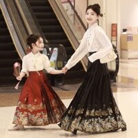 Mặt Ngựa Cha Mẹ-Con Gái Trung Quốc Cải Tiến Trẻ Em Yếu Tố Trung Quốc Đường Trẻ Em Hanfu Người Lớn Váy Nữ