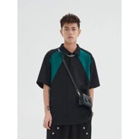 Mặt sau màu xanh lá cây Tương phản Khâu màu POLO National Street Wear Heavy Loose Casual Ve áo nửa tay của Mỹ T @ -