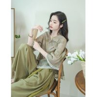 Matcha Mochi 2025 Phong Cách Quốc Gia Zen Retro Nghệ Thuật In Hình Top Quần Ống Rộng Phù Hợp Với Hàng Ngày 2.22