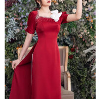 Mẫu Áo Dài lụa tây thi đỏ cổ vuông hoa vai trắng - Áo Dài Mai Linh