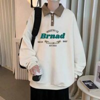 MẪU ÁO SWEATER POLO BA MÀU UNISEX NỈ HỌA TIẾT MỚI FORM RỘNG cổ bẻ cài cúc tay dài in chữ Brnad - ÁO SWETER BRNAD TRẮNG - FREE SIZE 45-65KG