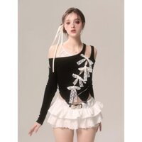 Màu đen chéo cổ áo ren nơ thiết kế không đều Áo thun dài tay phiên bản Hàn Quốc Pure Desire Hot Girl Top Nữ mùa xuân 11.29
