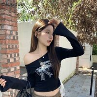 Màu đen gợi cảm Shu Cổ chéo Áo thun dài tay Thiết kế nữ Ngọt ngào và cay Nơ chữ