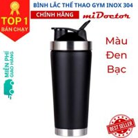 Màu Đen Viền Bạc Bình lắc thể thao shaker, tập gym inox 304, đựng nước, pha bột thực phẩm bổ sung - Chính hãng miDoctor