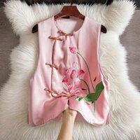 Màu Hồng Cao Cấp Acetate Mới Áo Vest Trung Quốc Nữ 2025 Mới Nhìn Hoa Sen Thêu Ánh Sáng Trung Quốc Top