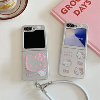 Màu Hồng Hello Kitty Giá Đỡ Da Dây Ốp Lưng Điện Thoại Samsung Z Flip 5 6 Flip6 ZFlip6 Mạ Bạc Chống Sốc