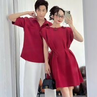 Mẫu là hình thật_Áo cặp đôi Set đôi sơ mi nam + đầm nữ màu đỏ gắn hoa cổ áo siêu sang( tặng kèm dây thắt)