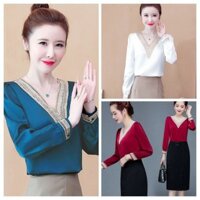 MẪU MỚI ÁO SƠ MI CÔNG SỞ NỮ CỔ V VIỀN REN CAO CẤP 3 MÀU ĐỎ XANH TRẮNG HÀNG BAO ĐẸP - TNSM262