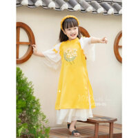 [mẫu mới] Bộ áo dài tết cho bé gái mẫu sen vàng mùa xuân xinh xắn từ 12-40kg hàng thiết kế cao cấp