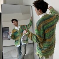 Mẫu mới năm 2025Holoce American Street Wear Retro Rainbow Màu sắc tương phản Áo len dệt kim Cardigan Nam dáng rộng Niche Áo khoác cặp đôi20241217
