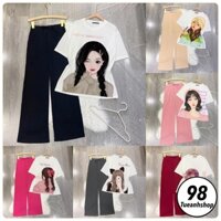 [MẪU MỚI] Set Đồ Bộ Quần Dài Ống Suông Gân Tăm -Set Dài Nữ Quần Thun Lưng Cao Ống Rộng Hack Dáng Phối Áo Thun 3D Cao Cấp