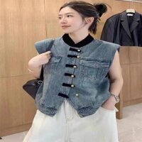 Màu sắc tương phản Cổ đứng Khóa quốc gia Áo Vest Denim nữ Áo khoác không tay mùa thu