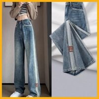 Màu Sắc Tương Phản Da Nhãn Retro Xanh Dương Rộng Quần Jean Nữ Phiên Bản Nẹp Hoài Cổ Trắng Mờ Tầng-Mopping Quần