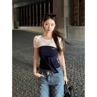 Màu Sắc Tương Phản Giả Hai Mảnh Phối Ren Vai Ngắn Tay Áo Thun Nữ Mùa Hè Nhật Ký Mặc Bên Trong Top