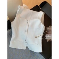 Màu trắng xương đòn cổ vuông hàng đầu phụ nữ mùa hè high-end cảm giác ngắn thiết kế mỏng niche vest vest mặc bên ngoài