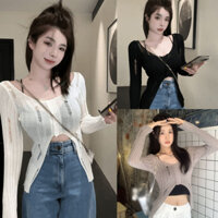 Màu trơn xuân thu, áo dệt kim dài tay mỏng xẻ tà thời trang rách, áo chống nắng