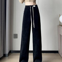 Màu xám Corduroy Quần Ống Rộng Nữ Thu Đông Lông Cừu Lót Dày Drap Thể Thao Nhỏ Nẹp Thẳng Quần