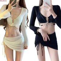 Maurice 4 Bộ Bikini Micro, Bộ đồ tắm đẩy lên bằng kim cương giả dài tay, Phong cách cô gái cay thoải mái Eo thấp buộc dây tua rua Thắt nút Đồ bơi bơi bơi lội