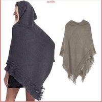 Mavllo Nữ Mùa Đông Đan Mũ Trùm Đầu Poncho Mũi Móc Viền Tua Rua Khăn Choàng Quấn Áo Len