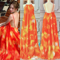 [Maxi] Đầm maxi đi biển váy dạo biển dập ly họa tiết cam  -  Nhà Lỳ Có Maxi