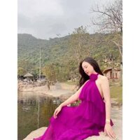 maxi đi biển đầm voan du lịch maxi hở vai đầm 2 dây đẹp - tím maxi hoa,L