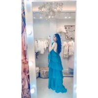 maxi đi biển đầm voan du lịch maxi hở vai đầm 2 dây đẹp - Màu xanh hoa,L