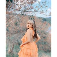 maxi đi biển đầm voan du lịch maxi hở vai đầm 2 dây đẹp - Màu cam hoa,M