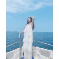 maxi đi biển đầm voan du lịch maxi hở vai đầm 2 dây đẹp - Màu trắng hoa,L