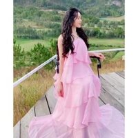 maxi đi biển đầm voan du lịch maxi hở vai đầm 2 dây đẹp - Màu Hồng xích,M