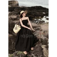Maxi đi biển đẹp, đầm cúp ngực dáng dài nhúm chân váy xoè phồng chất liệu Kaki thô.