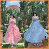 Maxi đi biển voan lưới trễ vai họa tiết xinh đẹp đầm váy nữ phong cách tiểu thư công chúa nàng thơ