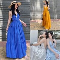 Maxi đũi 2 dây cổ yếm hở lưng xẻ ngực cao cấp, đầm váy dài xoè quyến rũ gợi cảm sexy sang trọng, đi chơi/biển du lịch