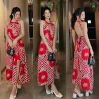 Maxi hoạ tiết đỏ cổ yếm hở lưng xẻ đùi, đầm váy lụa dài sang trọng quyến rũ gợi cảm quý phái, thời trang đi chơi du lịch