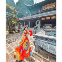 [Maxi] Set thổ cẩm cổ yếm chân váy dập ly hoạ tiết siêu sang chảnh chất chill kèm ảnh thật