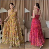 Maxi voan hoa 2 dây cổ yếm hở lưng đỏ/vàng, đầm váy dài thời trang nữ đi chơi/biển dạo phố du lịch hình thật
