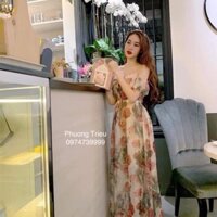 maxi voan tơ trễ vai hoa hồng